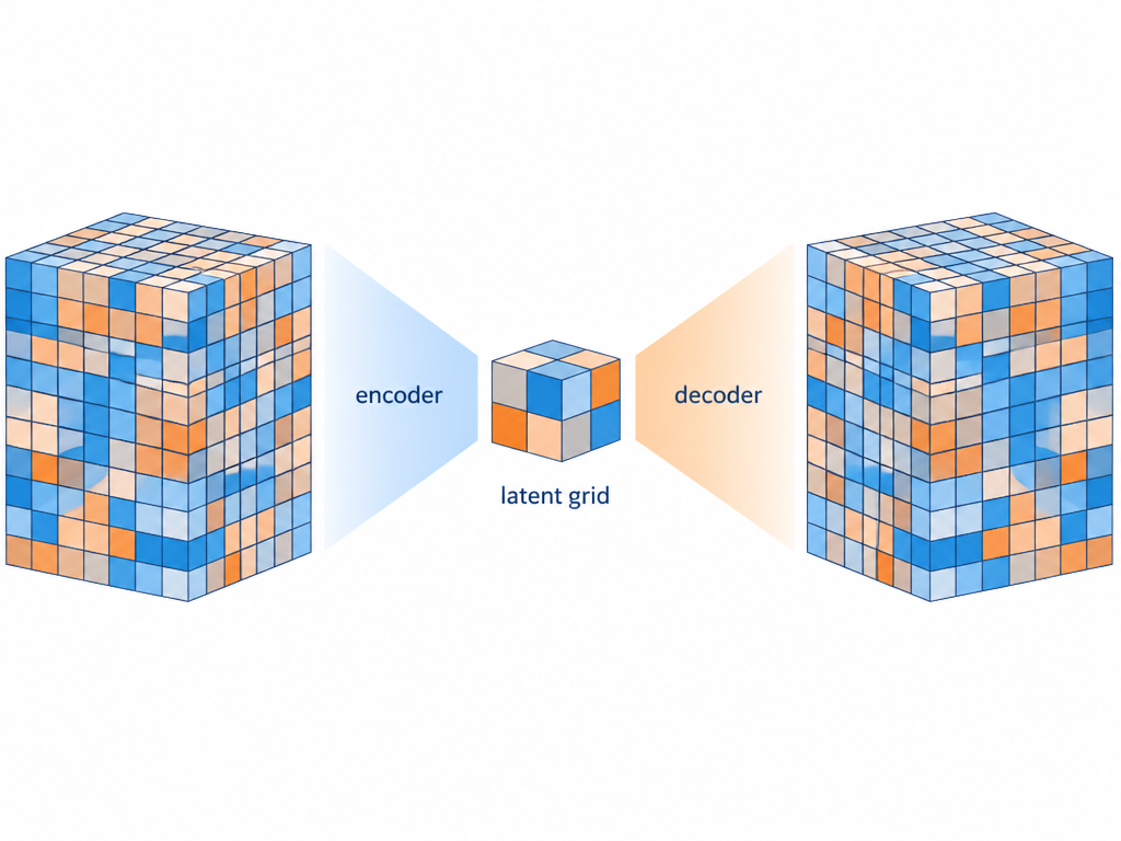 Encoder, latent grid, decoder