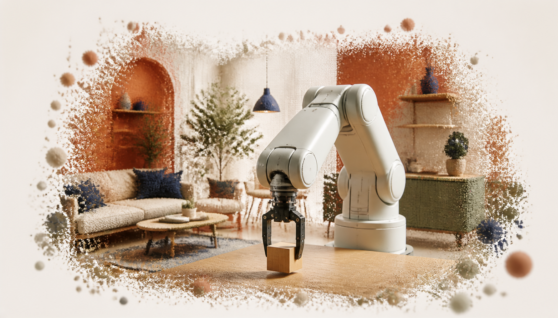 A robot arm grasping a cube in a Gaussian-splat reconstructed room