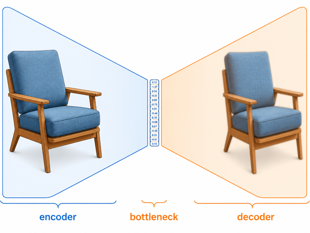 Encoder, bottleneck, decoder